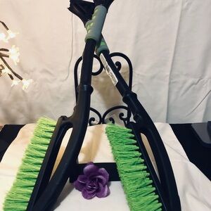 Dual Long-Handled Outdoor Brushes in Black with Lime Green Bristles